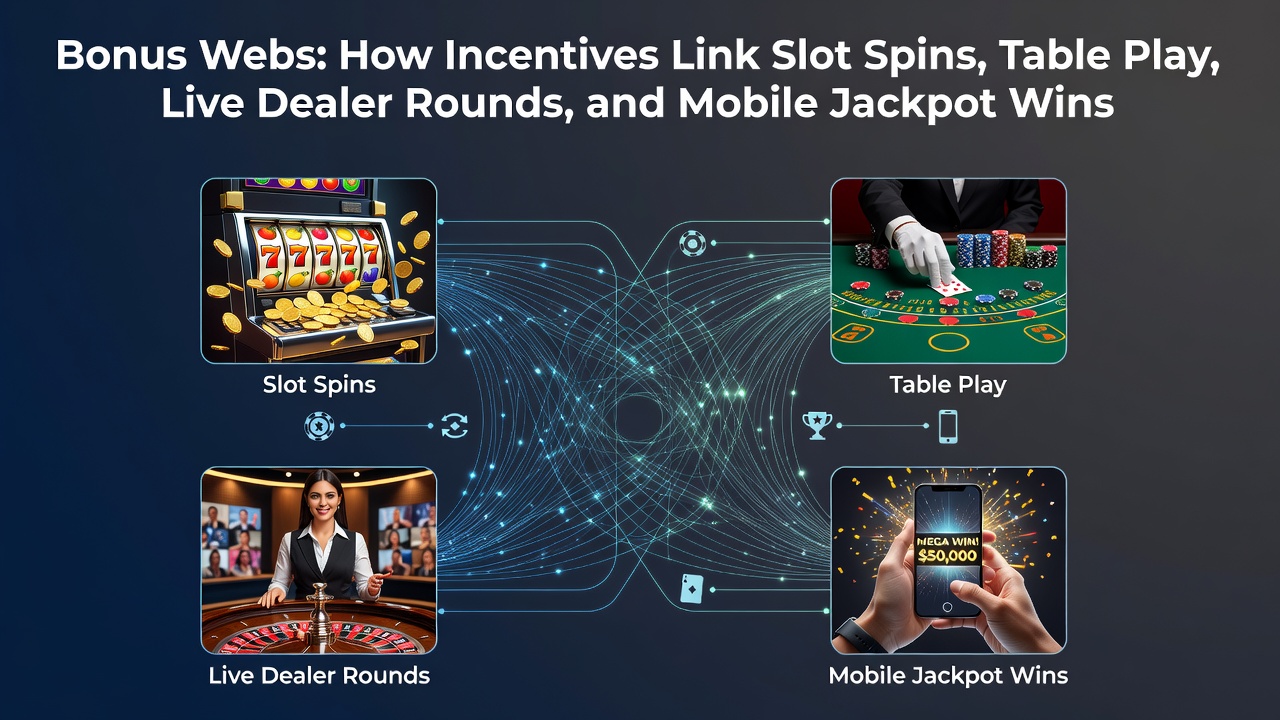 Illustration der Bonusverknüpfungen in Online-Casinos mit Symbolen für Slots, Tische und Jackpots