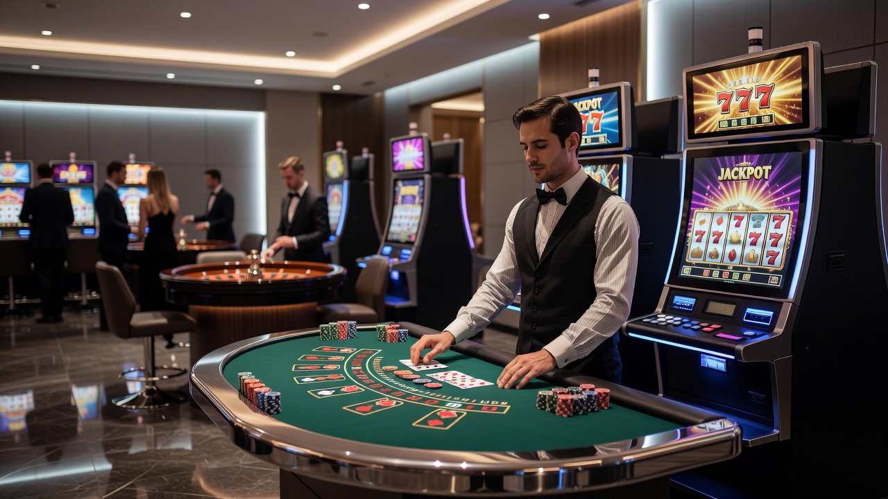 Verschiedene Casino-Spiele auf einem Tisch mit Karten und Chips
