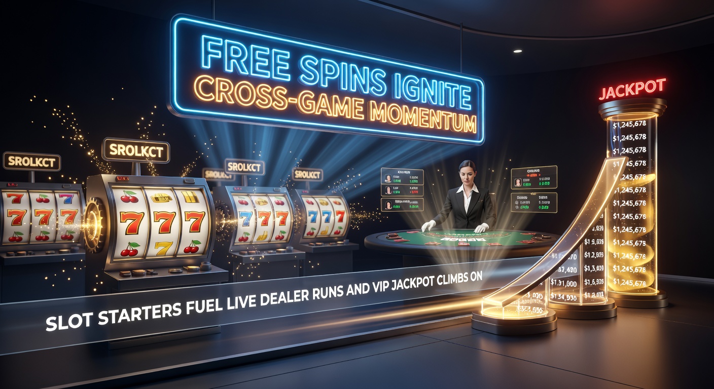 Mobile-Bildschirm mit VIP-Jackpot-Leiter, Live-Dealer-Tisch und Slot-Freispielen im Split-Screen, symbolisierend Cross-Game-Momentum