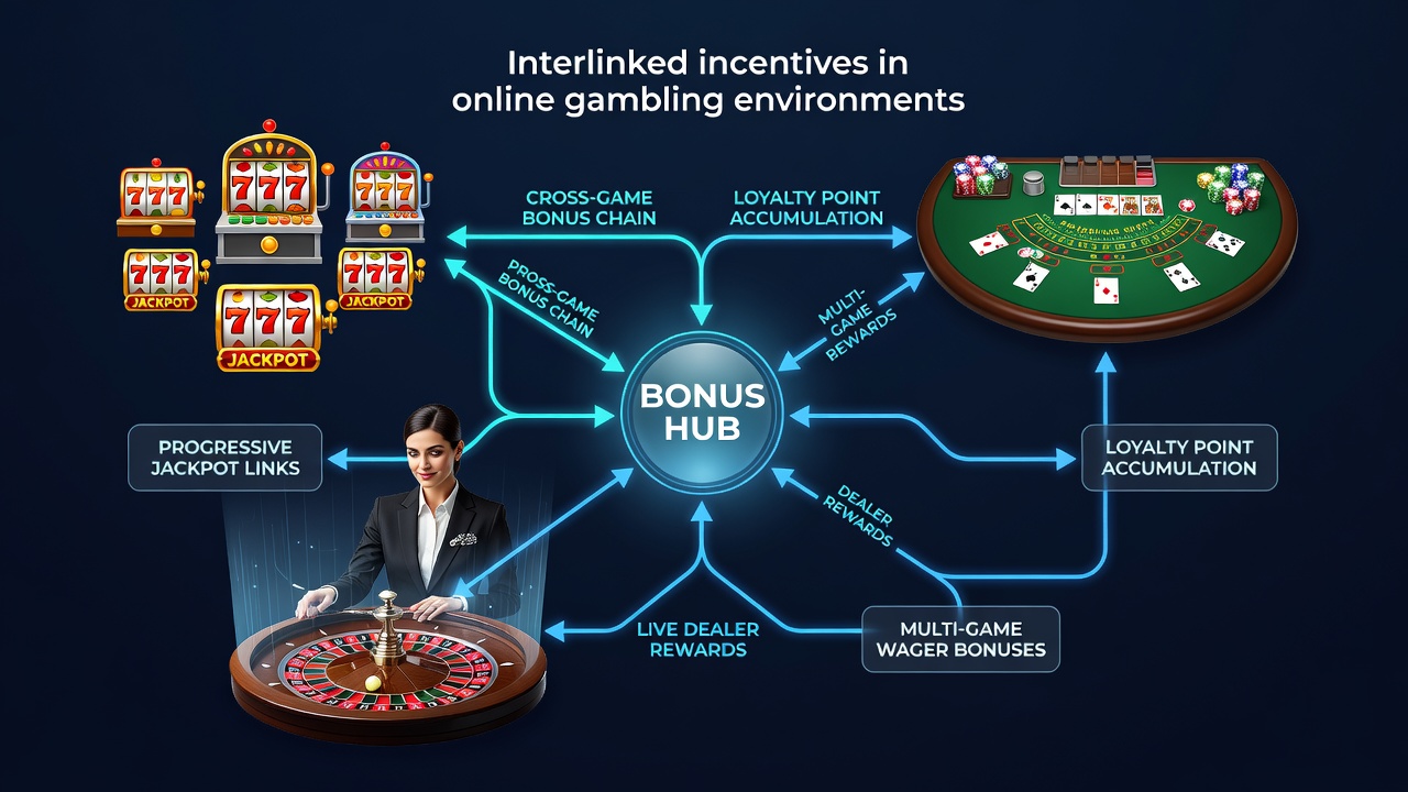 Illustration von Fortschrittsleisten und Bonusverknüpfungen in mobilen und Desktop-Casino-Umgebungen