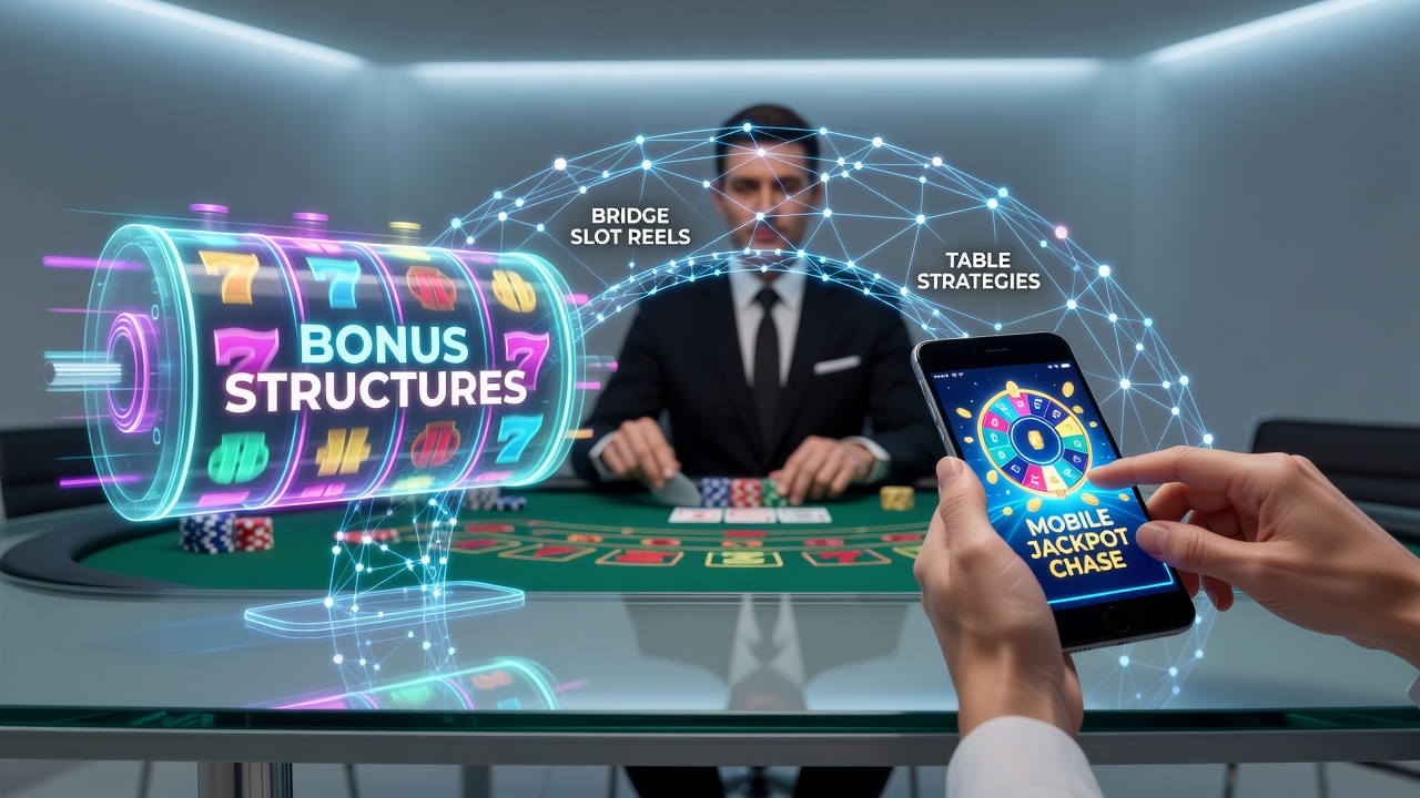 Illustration von vernetzten Bonusstrukturen in Online-Casinos mit Slot-Walzen, Spieltischen und mobilen Jackpots